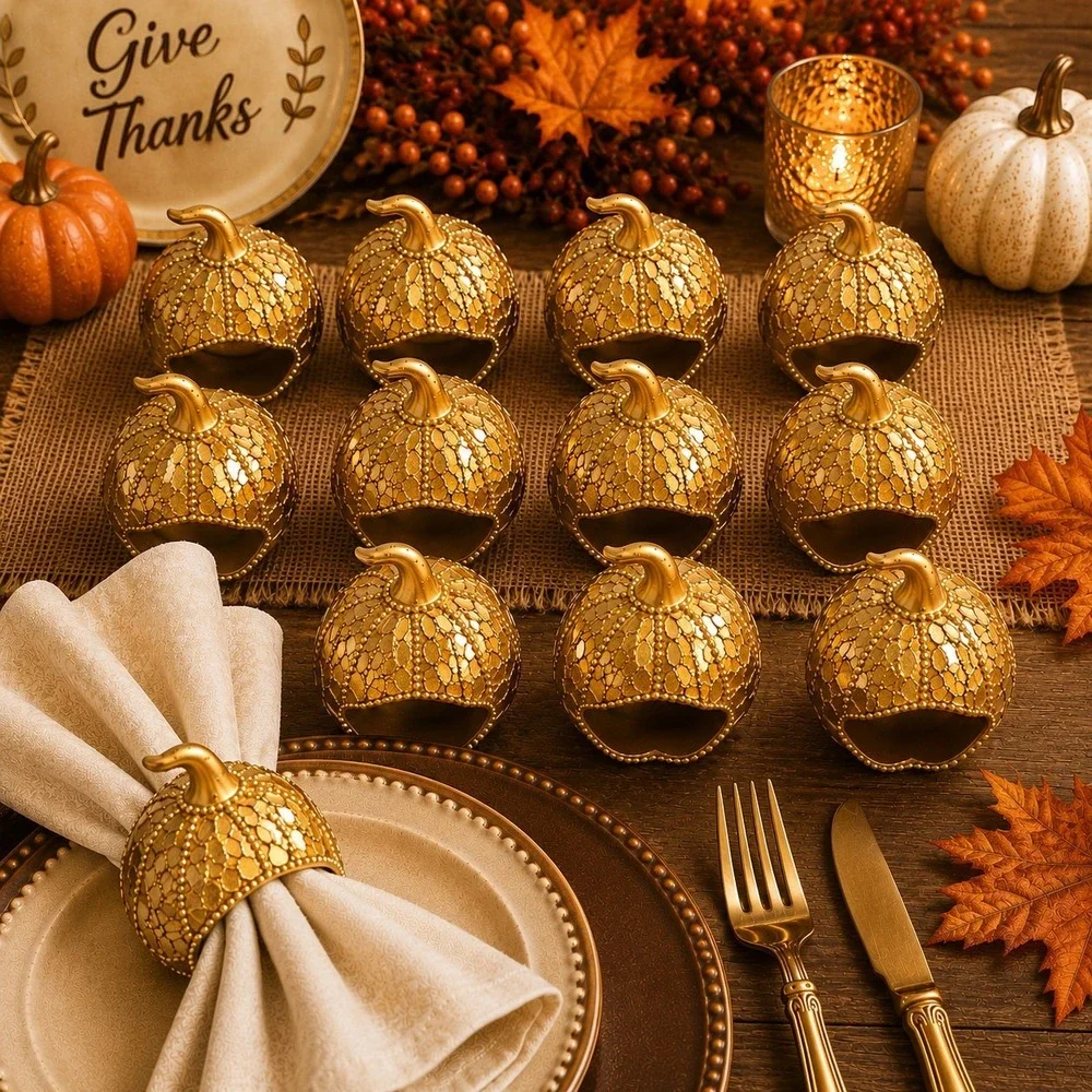Set of 12 Gold Mosaic Pumpkin Napkin Rings Fall Thanksgiving Table Decor
